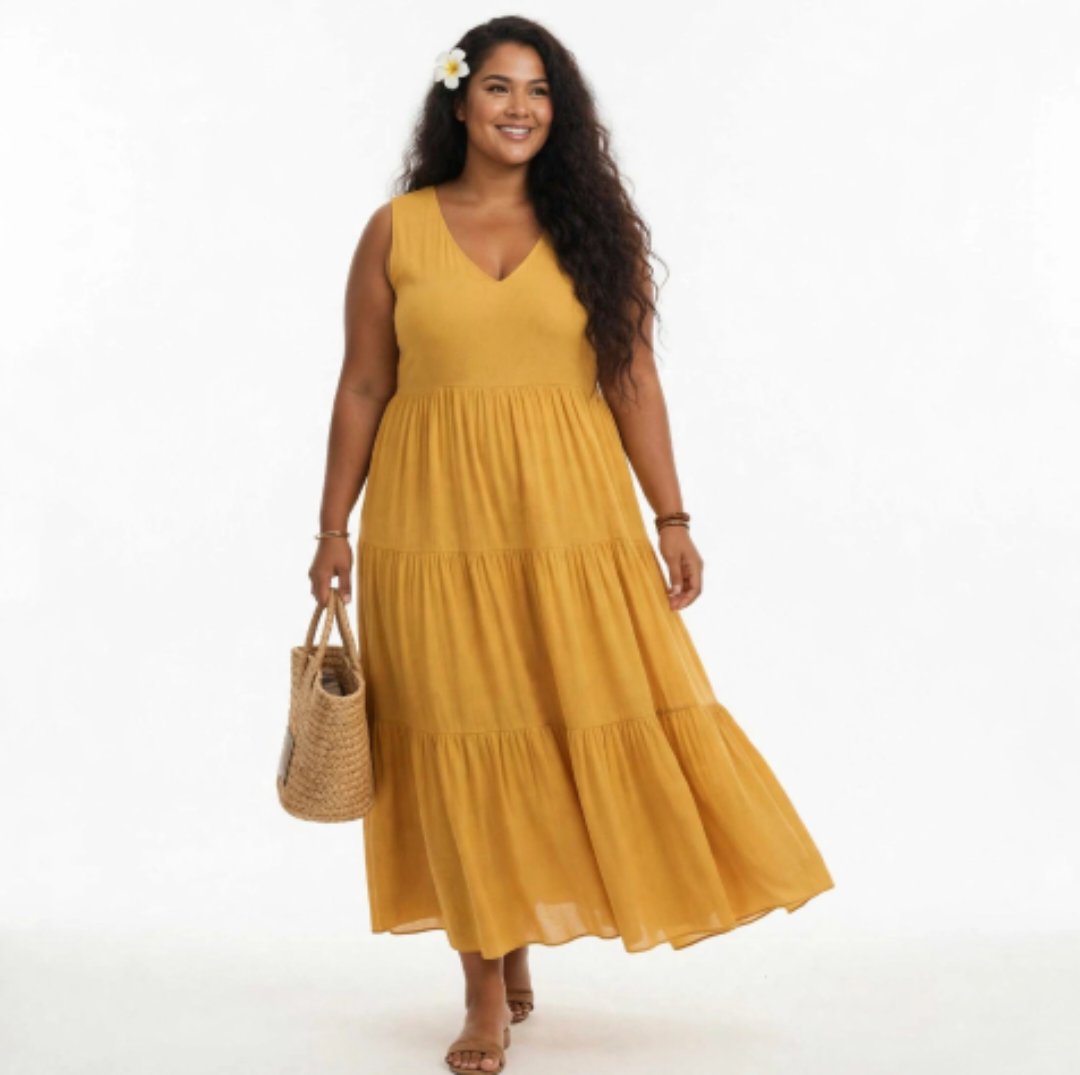 ALOHI PASSION - ROBE LONGUE ÉVASÉE COL V SANS MANCHES À VOLANTS