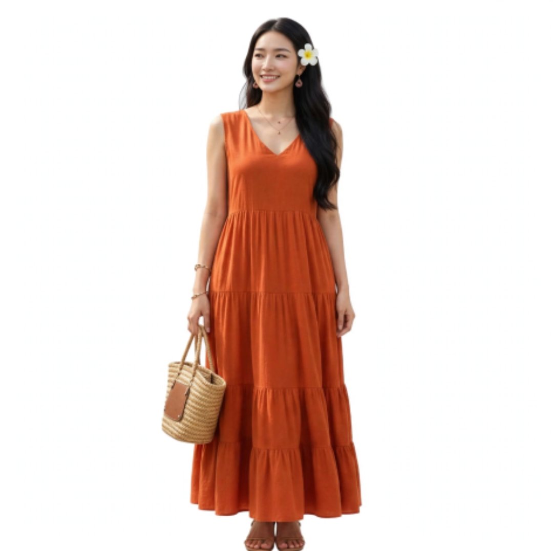 ALOHI PASSION - ROBE LONGUE ÉVASÉE COL V SANS MANCHES À VOLANTS