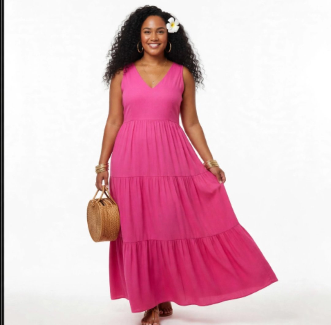 ALOHI PASSION - ROBE LONGUE ÉVASÉE COL V SANS MANCHES À VOLANTS