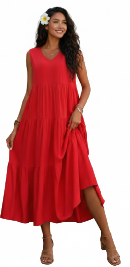 ALOHI PASSION - ROBE LONGUE ÉVASÉE COL V SANS MANCHES À VOLANTS