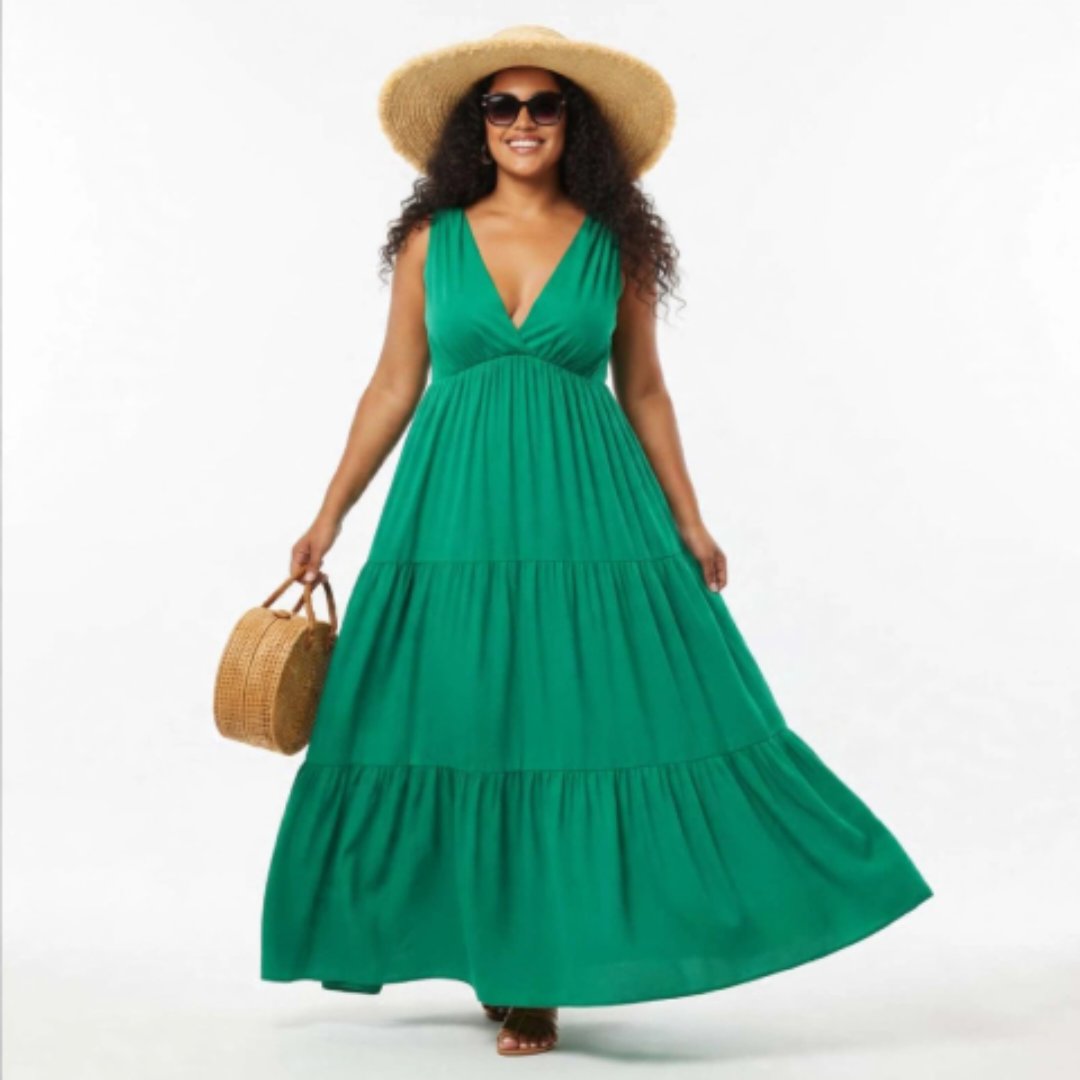 ALOHI PASSION - ROBE LONGUE ÉVASÉE COL V SANS MANCHES À VOLANTS