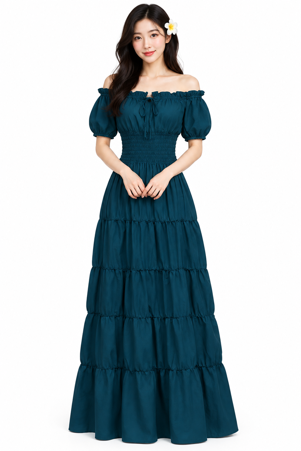 Coréenne - Robe bleu canard fond blanc