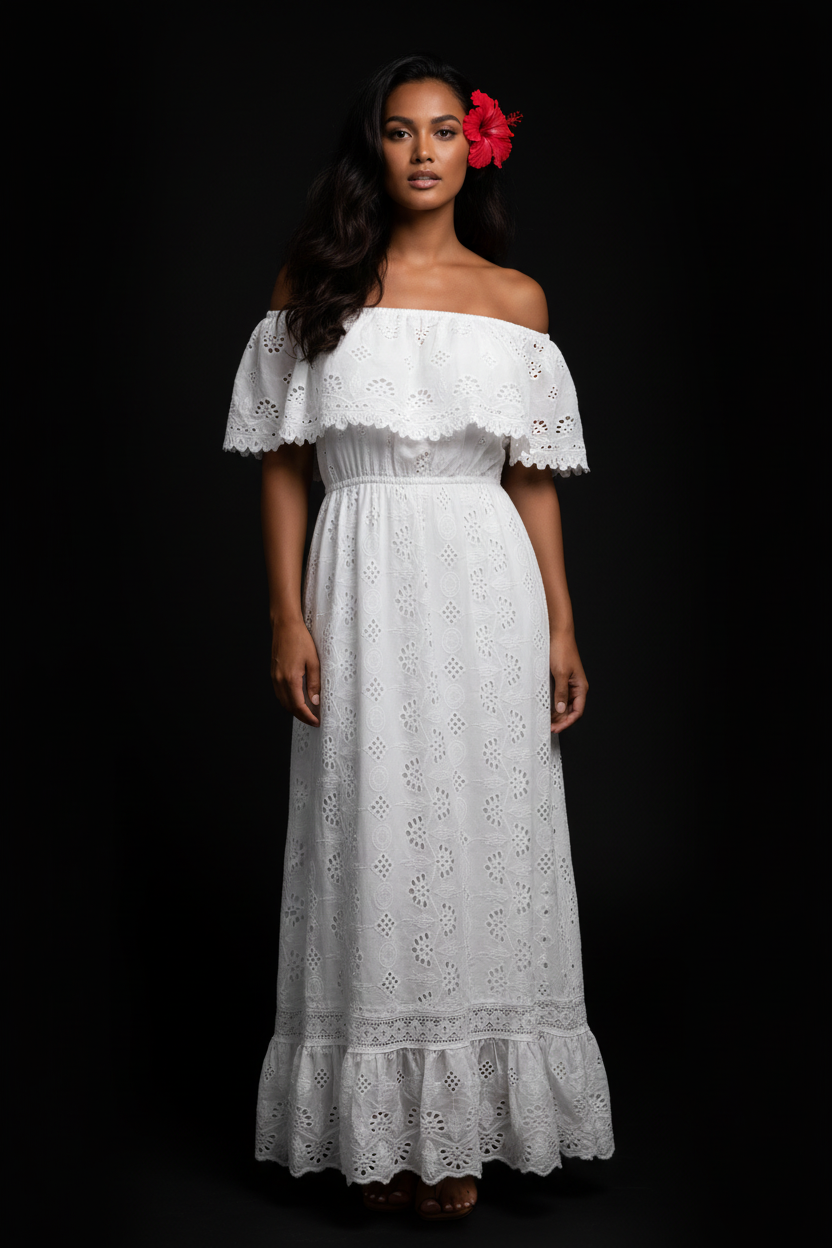 Polynésienne robe blanche bardot broderie anglaise fond noir