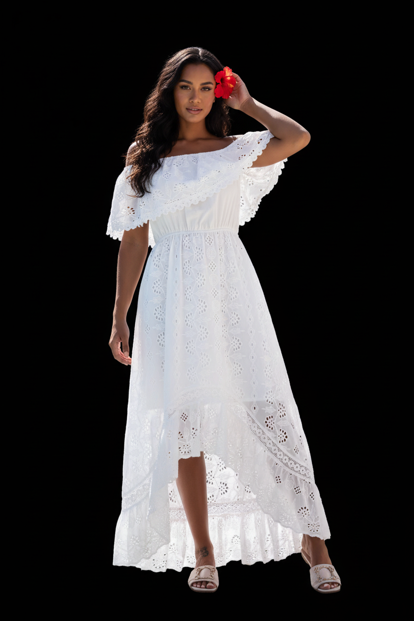 Polynésienne robe blanche broderie anglaise asymétrique fond noir