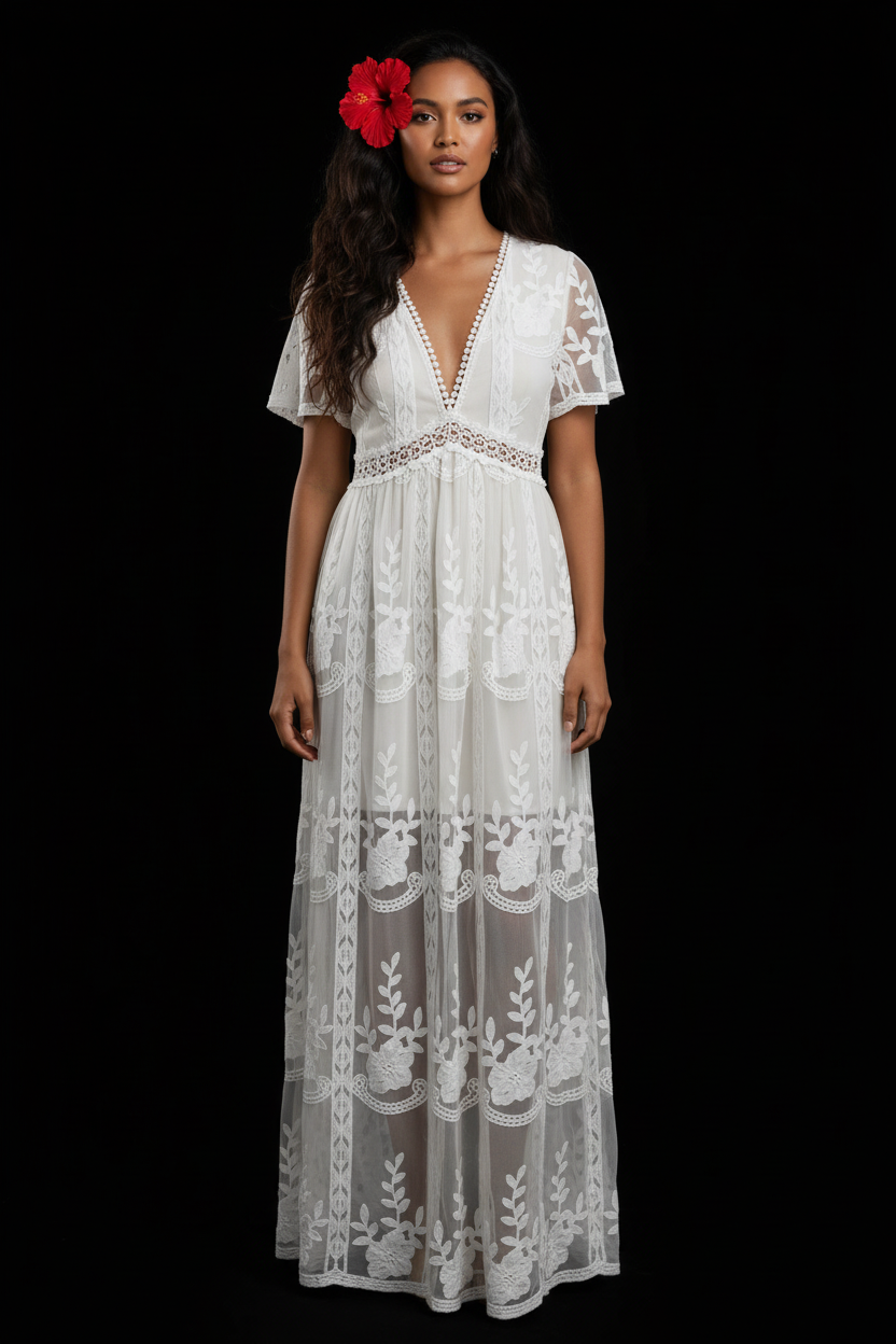 Polynésienne robe blanche dentelle florale fond noir