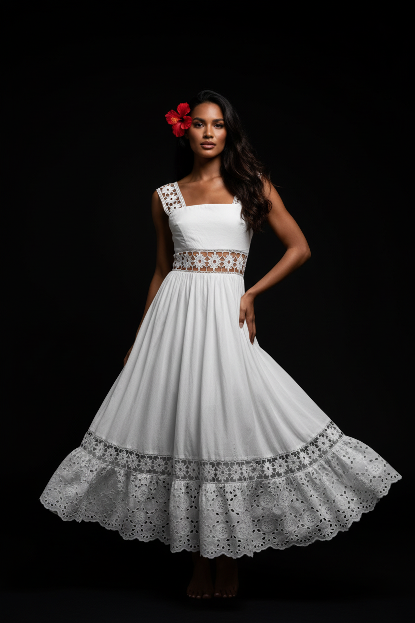 Polynésienne robe blanche dentelle fond noir