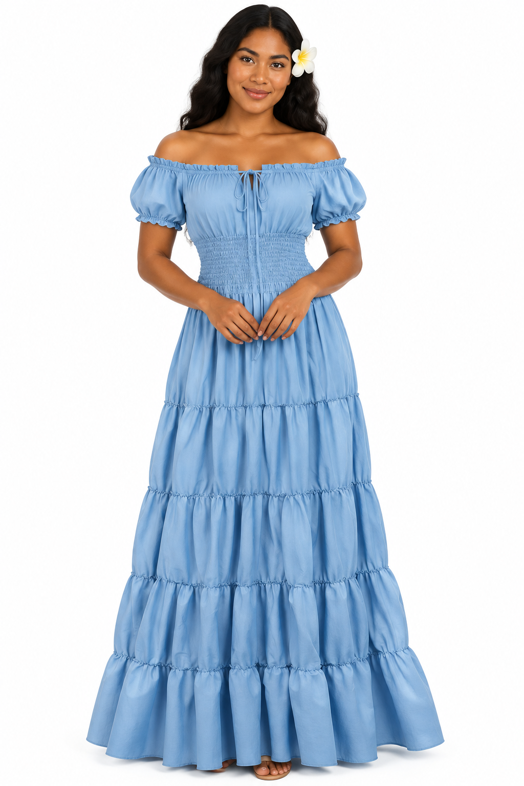 Polynésienne - Robe bleu ciel fond blanc