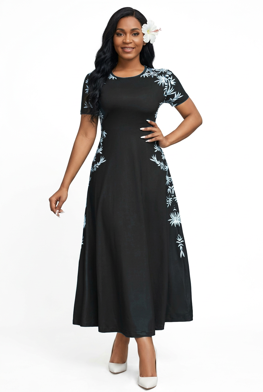 Robe ALOHI TIARE Noire – Polynésienne fleur blanche fond blanc